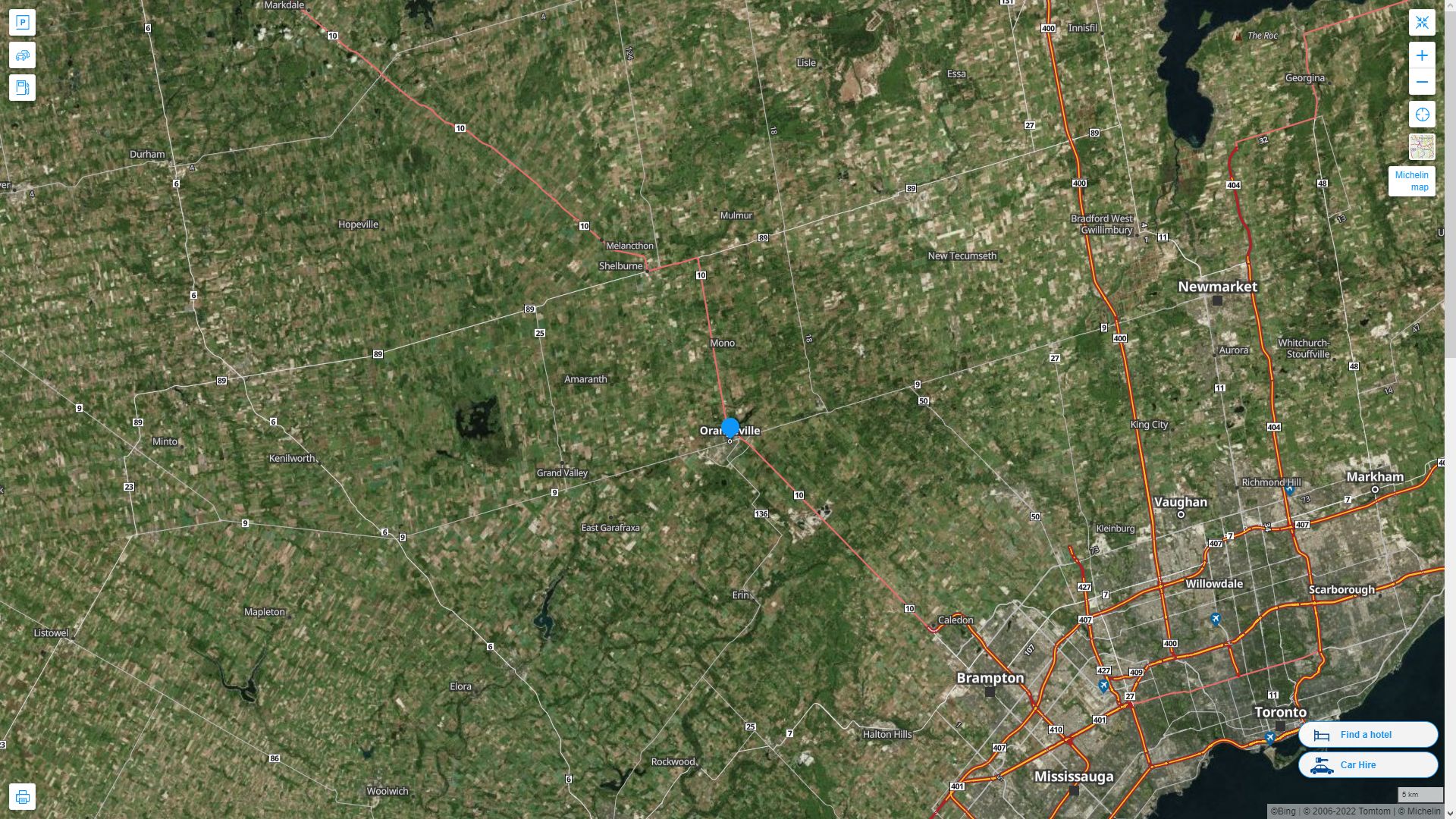 Orangeville Canada Autoroute et carte routiere avec vue satellite